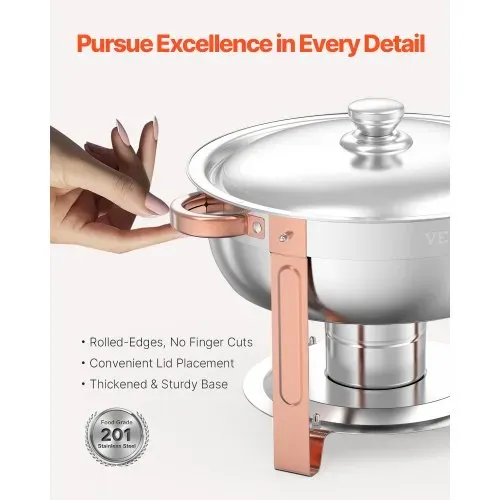 VEVOR Chafing Dish Buffet Speisenwärmer mit 4 Behältern in voller Größe (4,7 L pro), runder Catering-Wärmespender mit Deckel & Wasserpfanne & klappbarer Ständer, für Hochzeiten Partys Roségold – Bild 3