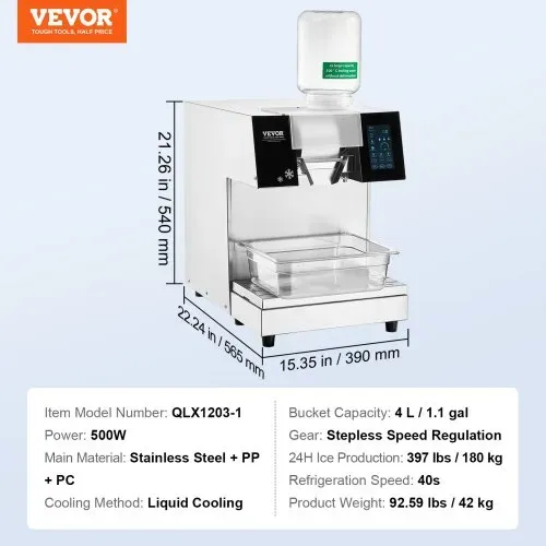 VEVOR Kommerzielle Schneeflocken-Eismaschine Schneeeisbereiter, 180 kg/24 h Schneeflocken-Eismaschine, Edelstahl-Eisrasierer, elektrischer Schneekegel-Maker mit Flüssigkeitskühlsystem & Touch-LCD – Bild 6