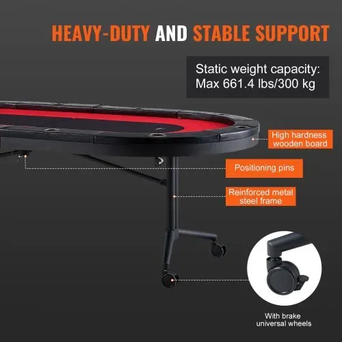 VEVOR Casino Pokertisch Klappbare Tischbeine 2290 x 1220 x 800 mm (L x B x H), Faltbarer Pokertisch, Schwarz & Rot Pokerauflage Klapptisch für 10 Spieler, Pokertisch mit Staubschutzhülle Tragbar – Bild 5