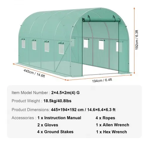 VEVOR begehbares Tunnel-Gewächshaus, 4,4 x 1,9 x 1,9 m, Foliengewächshaus-Tunnel, Pflanzen-Gewächshaus mit verzinktem Stahlrahmen, grüner PE-Abdeckung, aufrollbarer Reißverschlusstür und 8 Fenstern für den Außenbereich – Bild 6