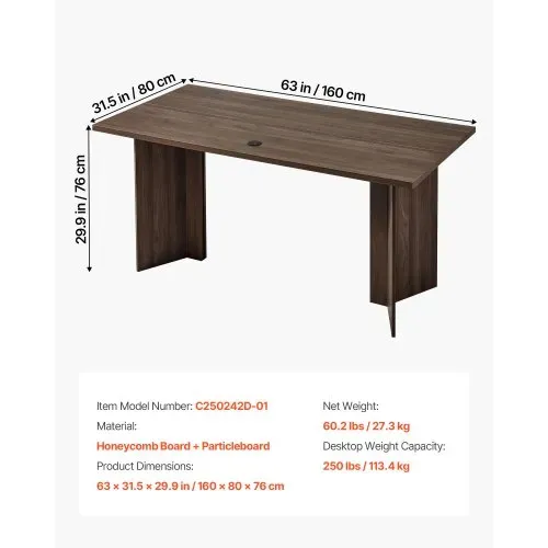 VEVOR Chefschreibtisch (160 lang) moderner Bürotisch mit Kabelanschlussloch, Schreibtisch aus Wabenplatte + Spanplatte, 113,4 kg Tragkraft, Computertisch für Arbeit Studium Schreiben, Braun+Schwarz – Bild 2