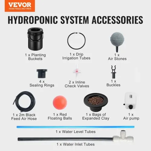 VEVOR DWC Hydroponics Grow System, Hydroponisches Anbausystem mit Top-Drip-Kit, 5-Gallonen-Tiefwasserkultur mit Luftpumpe, Luftstein und Wasserstandsanzeige für Blattgemüse (1 Eimer + Top-Drip-Kit) – Bild 6