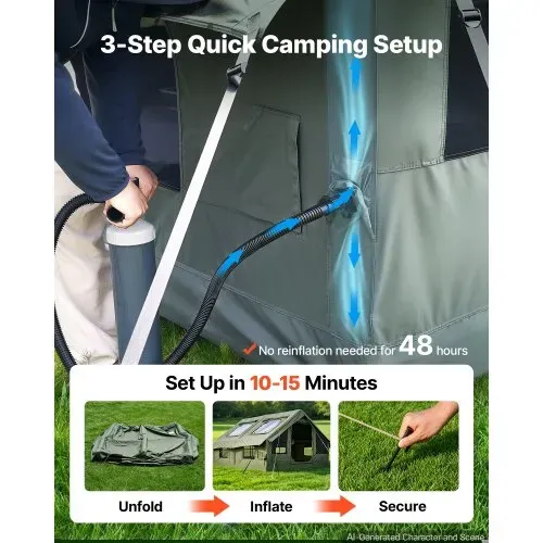 VEVOR Aufblasbares Zelt Glamping Luftzelt 5-8 Personen mit Pumpe Grün, für Outdoor-Aktivität Wasserabweisendes Poly-Baumwollgewebe mit Dachfenster Ofenrohrdurchführung Netzfenster & Tragetasche – Bild 2