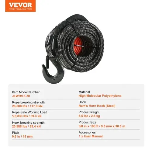 VEVOR synthetisches Windenseil, 3/8 Zoll x 30,48 m, 12,02 t synthetisches Windenleinen-Kabelseil mit Schutzhülle + geschmiedetem Windenhaken + Zugband, universell passend für SUV, großes Geländefah – Bild 6