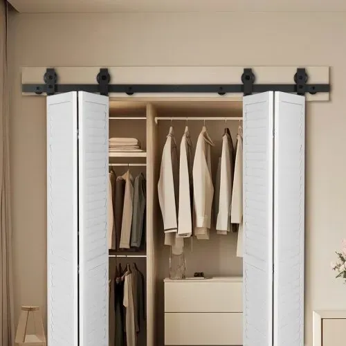 VEVOR Schiebetürsystem faltbare Schiebetüren, 152,4 cm Laufschiene Schiebetürbeschlag, geeignet für vier 35,6 cm große Schrank-, Speisekammer- & Wäschetüren (nicht im Lieferumfang enthalten) – Bild 7