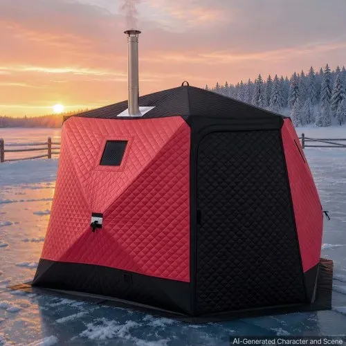 VEVOR Eisangelzelt Eisfischerzelt 6-8 Personen 3,3x3,3x2 m Zelt Isoliert, Eisschutzzelt für Winterfischen, 6,75 m² Fläche, 600D 4-Lagiges Gewebe, Hub-Style-Zelt mit Ankern, Seilen, Tragetasche, Rot – Bild 7