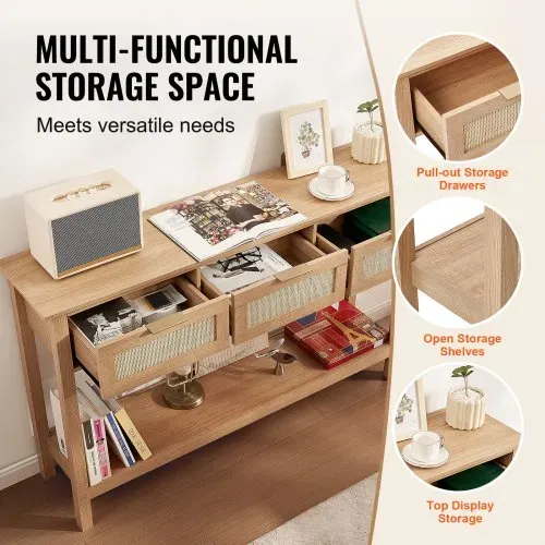 VEVOR Rattan-Konsolentisch mit 3 Schubladen, Rattan-Eingangstisch mit natürlicher Rattan-Schiebetür, Konsolen-Sofatisch für Wohnzimmer, Arbeitszimmer, Eingangsbereich oder Fernsehwand, Natur – Bild 2