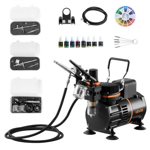 VEVOR Airbrush Set 1/6 PS mit Luftkompressor, 3 Dual Action Airbrush Pistolen mit 3 Düsen (0,3/0,3/0,8 mm) & Schlauch & Acrylfarbe & 2 Ventilatoren, für Kuchendekoration Modellmalerei Nagelkunst VEVOR Airbrush Set 1/6 PS mit Luftkompressor, 3 Dual Action Airbrush Pistolen mit 3 Düsen (0,3/0,3/0,8 mm) & Schlauch & Acrylfarbe & 2 Ventilatoren, für Kuchendekoration Modellmalerei Nagelkunst