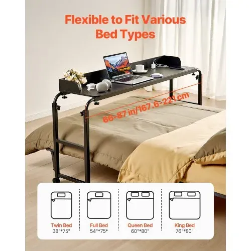 VEVOR Überbetttisch mobiler Betttisch mit 4 Rollen (2 mit Bremsen) und Steckdose, höhenverstellbarer Laptop-Rolltisch, Tragbarer Spanplatten-Überbetttisch für Zuhause Büro, Arbeitszimmer, Schwarz VEVOR Überbetttisch mobiler Betttisch mit 4 Rollen (2 mit Bremsen) und Steckdose, höhenverstellbarer Laptop-Rolltisch, Tragbarer Spanplatten-Überbetttisch für Zuhause Büro, Arbeitszimmer, Schwarz