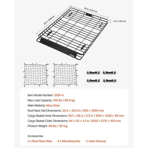 VEVOR Dachträgerkorb 1630 x 1270 x 105 mm mit zwei 90 x 100 cm Gepäcknetzen, Geeignet für Gepäck Sport- und Campingausrüstung, mit 4 U-Bügeln und Abgeschrägter Frontplatte, Legierter Stahl, Schwarz – Bild 6