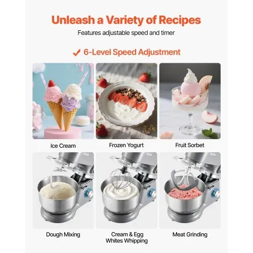 VEVOR Eismaschine Eiscrememaschine 1,7 L Standmixer 6-Gang mit LED-Digitalanzeige & Timer & Rührpaddel & Knethaken & Spritzschutz, für DIY Gefrorener Joghurt, Frucht-Gelato Sorbet Grau 1400 W – Bild 3