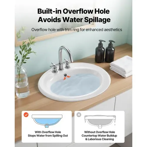 VEVOR Halbeinbauwaschbecken Handwaschbecken 485 x 425 mm ovales Aufsatzwaschbecken mit Überlauf & 3 Wasserhahnlöchern, modernes Einbauwaschbecken für kleine Räume Küchen Badezimmer Weiß – Bild 3