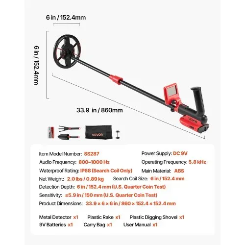 VEVOR Metalldetektor 152,4 mm, Metallsuchgerät mit LCD-Display, IP68 Wasserdichter Suchspule, Einstellbarer Suchbereich von ca. 57 bis 85 cm, Hochpräziser Golddetektor, Ideal für die Goldsuche – Bild 6