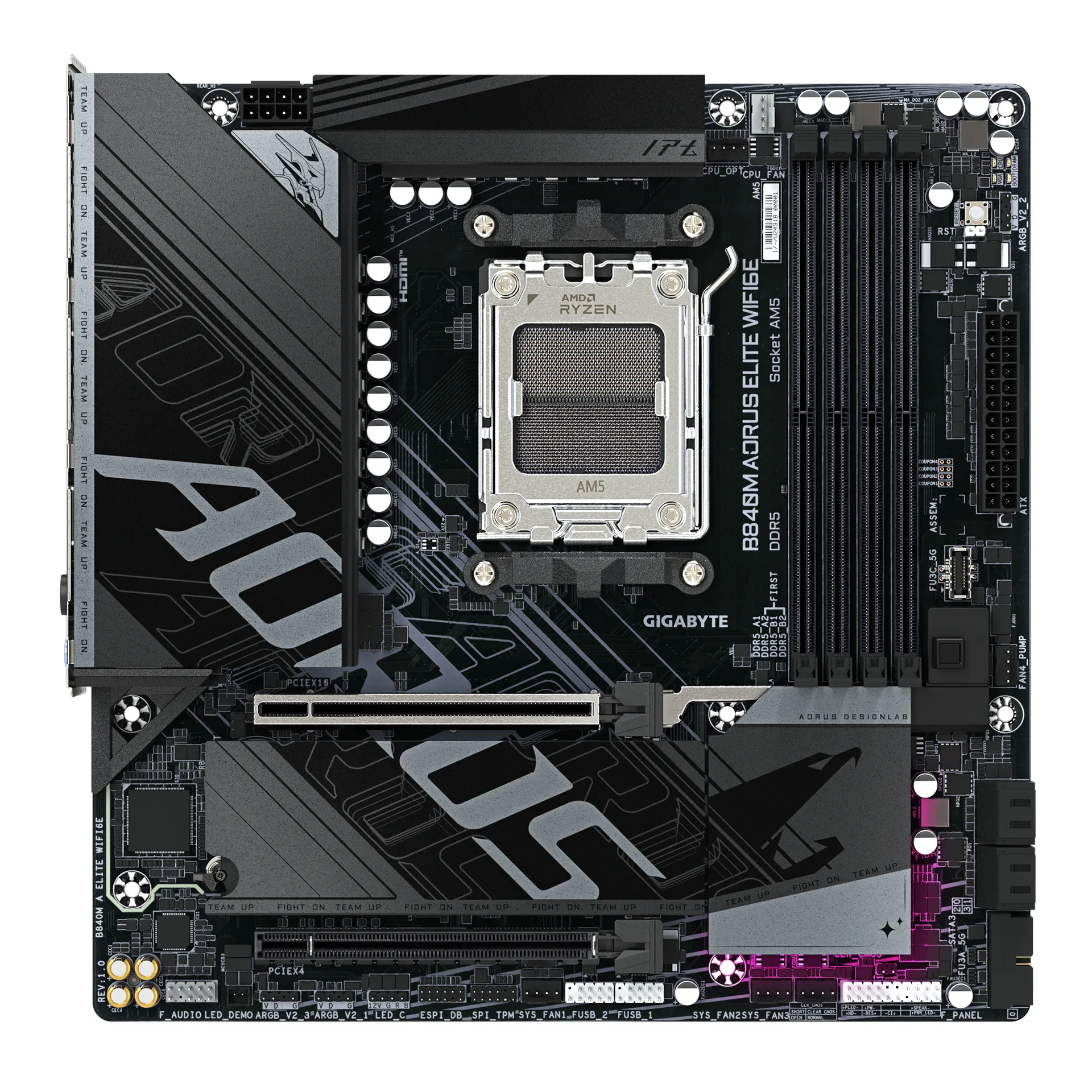 GIGABYTE B840M AORUS ELITE WIFI6E Mainboard – AMD Ryzen 9000 Prozessoren, 10+2+2 Phasen VRM, bis zu 8200 MHz DDR5 (O.C.), 2 x M.2 PCIe 4.0, Wi-Fi 6E, 2.5 GbE LAN, USB 3.2 Gen 2 – Bild 2