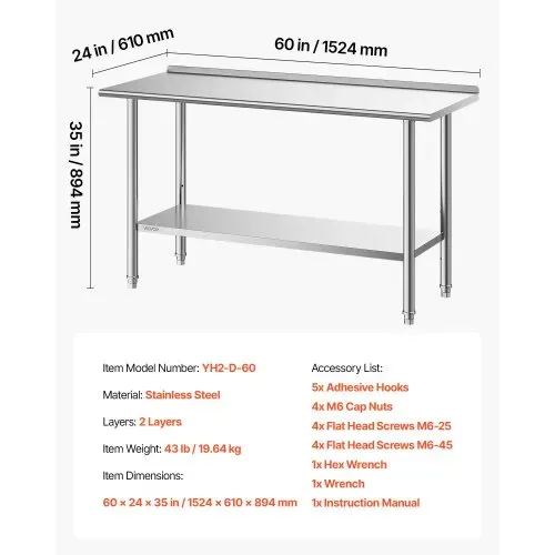 VEVOR Gasto Arbeitstisch 1524 x 610 x 894 mm, Edelstahltisch mit 2 Ebenen & Aufkantung & Höhenverstellbaren Ablagen Obere Ablage (254 kg) Untere Ablage (209 kg) Vorbereitungstisch für Restaurant – Bild 6