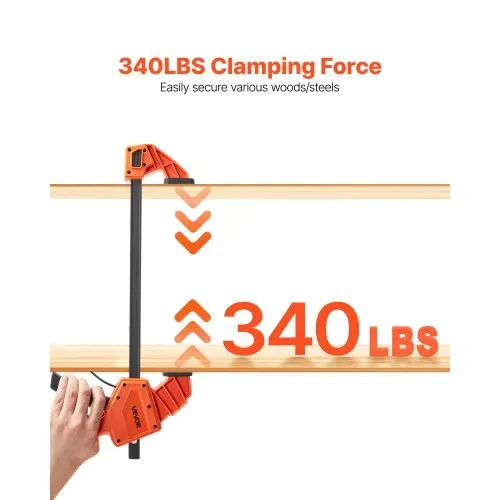 VEVOR Stangenklemmen für Holzbearbeitung 2 Stk. 30,48 cm Öffnung, Quick-Grip F-Klemme mit 154 kg Belastungsgrenze, 84,6 mm Tiefe, Kunststoff & Karbonstahl, Metallbearbeitung Orange + Schwarz – Bild 3