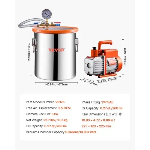 VEVOR 18,93 L Vakuumkammer & 3,5 CFM Pumpe, Edelstahlkammer, einstufiges Vakuumpumpen-Entgasungskammerset, mit Acryldeckel, Öl, 1,5 m Schlauch, Vacuum Pump Kit zum Entgasen von Harz-Silikon-Epoxiden – Bild 6