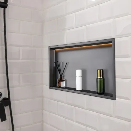 VEVOR Duschnische, 10,16x33,02x63,5 cm, versenkte Wandnische mit LED-Streifen, Shampoo-Aufbewahrungs-Organizer aus Edelstahl, langlebig & einfach zu installieren, schwarz für Badezimmer – Bild 7