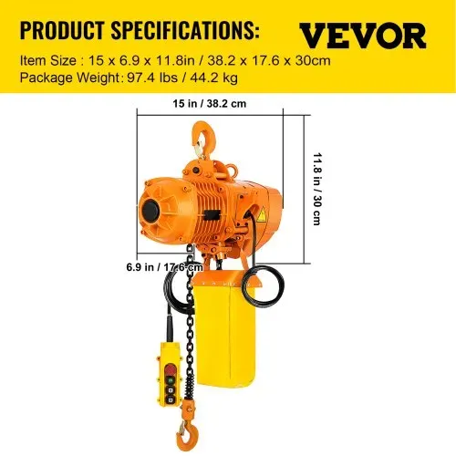 VEVOR Elektrischer Kettenzug, 2200 lbs Tragkraft, 13 ft Hubhöhe, 11 ft/min Geschwindigkeit, 230 V, einphasiger Brückenkran mit G80-Kette, 10,8 ft Kabelfernbedienung für Garage, Geschäft, Hotel, Zuhause – Bild 6