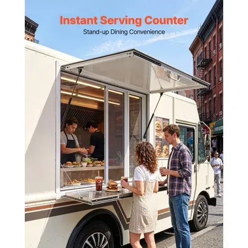 VEVOR Verkaufsfenster für Foodtrucks 915 x 915 x 110 mm Aluminiumlegierung, Konzessionsfenster Regenschutz, bis 85° Aufklappbar, Klappbarer Ablage, mit 4 Verschiebbaren Fliegengittern und Schlepphaken – Bild 2