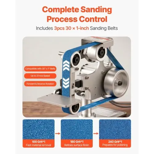 VEVOR Bandschleifmaschine 550 W, Bandschleifer mit 3 Stk. 762x25,4 mm Schleifbändern, 200-5000 U/min Verstellbarer Bandpolierer mit Dualmodi & Max. 21 m/s Bandgeschwindigkeit für Metallbearbeitung – Bild 3