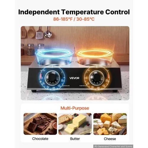VEVOR Schokoladenschmelzmaschine 2 x 1-Liter-Töpfe Schokoladenschmelztopf für Familienfeiern Feste und Hausgemachte Desserts, mit Separater Temperaturregelung, PTC-Heizung und Antihaftbeschichtung – Bild 3