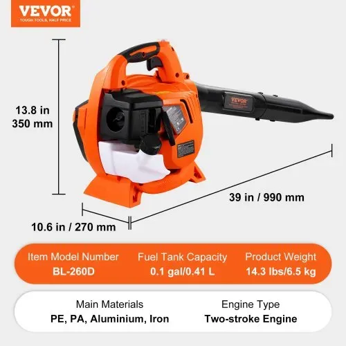 VEVOR Benzin-Laubbläser, 26 CC 2-Takt-Hand-Laubbläser mit Kraftstofftank, 2-in-1-Benzingebläse, 425 CFM Luftvolumen, 156 MPH Geschwindigkeit, ideal für Rasenpflege, Laubreinigung und Schneeräumung – Bild 6