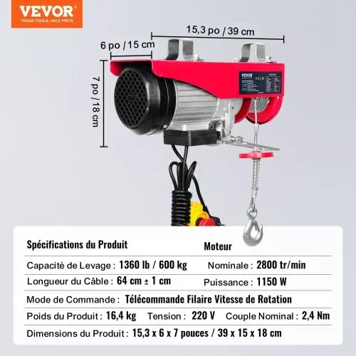 VEVOR 230V Elektrische Seilwinde 300kg bis 600kg Hubhöhe 12m Seilzug Motorwinde 1150W Motor Flaschenzug 10m/min Hubgeschwindigkeit Hebezug mit Kabelfernbedienung Seilhebezug Kettenzug – Bild 6