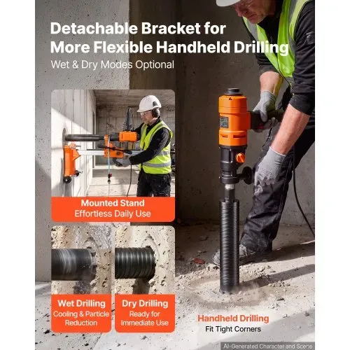 VEVOR Diamant Kernbohrmaschine 1500 W Kernbohrgerät Trocken/Nass max. 200 mm, für Beton Keramikfliesen Ziegel Asphalt Marmorböden, 4 Bohrer, 2-in-1 Hand-/Stativgerät, 1000/2300 U/min, UNC1 1/4–7 Gewinde – Bild 2