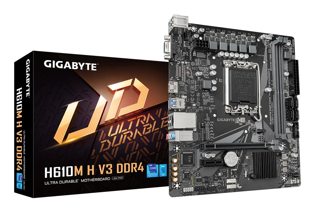 GIGABYTE H610M H V3 DDR4 Mainboard – Unterstützt Intel Core Prozessoren 14th CPUs, 4+1+1 Hybrid Phases Digital VRM, up to 3200MHz DDR4, 1xPCIe 3.0 M.2, GbE LAN, USB 3.2 Gen 1 GIGABYTE H610M H V3 DDR4 Mainboard – Unterstützt Intel Core Prozessoren 14th CPUs, 4+1+1 Hybrid Phases Digital VRM, up to 3200MHz DDR4, 1xPCIe 3.0 M.2, GbE LAN, USB 3.2 Gen 1