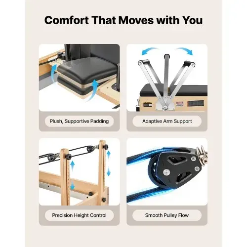 VEVOR Pilates Reformer Gerät 214 cm aus Ahornholz 181 kg Belastbarkeit für Heim-Fitnessstudios, Leises Gleiten, Verstellbare Kopfstütze, mit Pilates-Box, Jumpboard, Fußplattform und Fußschlaufen – Bild 4