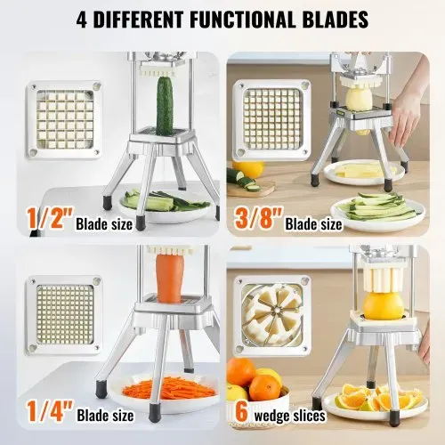 VEVOR Kommerziell Kartoffelschneider Pommes Frites Schneider 1/2 + 3/8 + 1/4 Zoll + 6 Keile, Frittenschneider Gemüseschneider Zerkleinerer Obstschneidemaschine mit 6 Ersatzklingen, Edelstahl Zerhacker – Bild 2