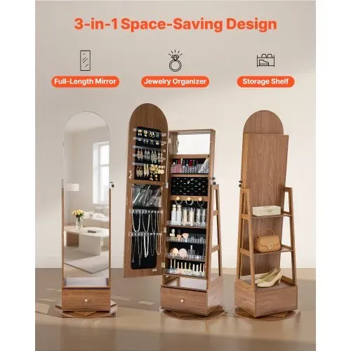 VEVOR 360° drehbarer Schmuckschrank (1655 mm hoch) mit Ganzkörperspiegel mit Stauraum, Schmuckschrank-Organizer mit 2 Schlüsseln & Zubehörtaschen & Ablagefächer & Schubladen, Schmuckaufbewahrung – Bild 4