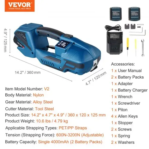 VEVOR Elektrische Umreifungsmaschine, für 0,35"-0,63" PP-PET-Bänder, tragbares elektrisches Umreifungswerkzeug mit Digitalanzeige, 2 x 4000 mAh batteriebetriebenes automatisches Umreifungswerkzeug für Verpackungskartonpaletten – Bild 6