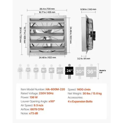 VEVOR 624 mm Abluftventilator mit Lamellen Industrie Wandventilator 136 W, Wandlüfter für Garage Gewächshaus Werkstatt, Stahlgehäuse, 11347 m³/h Lüftung, 1400 U/min Motor, Leiser Betrieb, Wandmontage – Bild 6