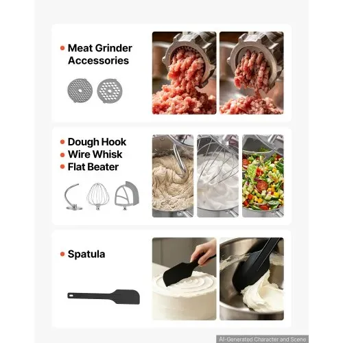 VEVOR Multifunktionale Küchenmaschine mit Kippkopf 7 L 2 in 1 1000 W Rot, Rührmaschine für Teig Sahne Rührteig und Fleisch, Knetmaschine mit Rührschüssel Knethaken Rührbesen und Schneebesen – Bild 4
