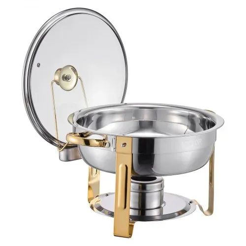 VEVOR Chafing Dish Buffet Speisenwärmer mit 4 Behältern in voller Größe (4,7 L), runder Catering-Wärmespender mit Glasdeckel & Wasserpfanne & klappbarer Ständer, für Hochzeiten Buffet Gold – Bild 10