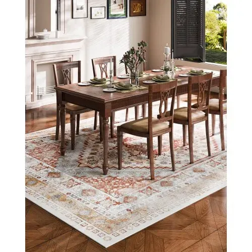 VEVOR Flächenteppich, 2743 x 3658 mm Kurzflor, waschbarer Teppich, rutschfester Wohnzimmerteppich, Vintage-Stil, Innenmatte für Schlafzimmer, Wohnzimmer, Kinderzimmer, Büro, Braunrot – Bild 4