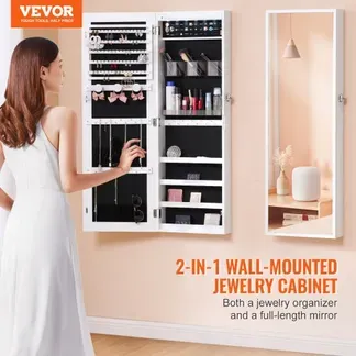 VEVOR abschließbarer Schmuckschrank Schmuckspiegelschrank 108cm Hohe, Aufbewahrung von Juwelen mit Ganzkörperspiegel, Schmuckspiegel-Organizer mit LED-Innenbeleuchtung & Samtfutter, Weiß VEVOR abschließbarer Schmuckschrank Schmuckspiegelschrank 108cm Hohe, Aufbewahrung von Juwelen mit Ganzkörperspiegel, Schmuckspiegel-Organizer mit LED-Innenbeleuchtung & Samtfutter, Weiß