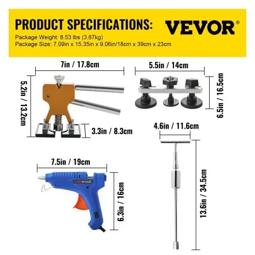 VEVOR 89 Stk. Auto Dellen Reparaturset professionell, Paintless Ausbeulwerkzeug, DIY Repair Puller kit Dent Removal Tool, Hagel Reparatur, LED Reflektierende Platte Gleithammer Dellenheber T-Stange – Bild 6