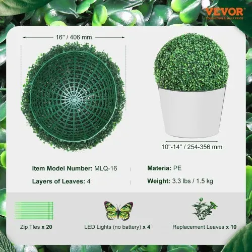 VEVOR 2x Buchsbaumkugel Künstlich Ø40,6cm Garten Deko Buchsbaum Kugel künstlich Buchskugel Kunstpflanze aus PE, Holz, PP inkl. 4 Stk. Dekorative Schmetterlinge und 10 Stk. Ersatzblätter – Bild 6