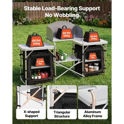 VEVOR Klappbare Campingküche, Campingschrank mit 2 MDF-Beistelltischen, Abnehmbarem Windschutz für den Kocher, 2 Stauräumen & X-förmigen Beinen, Camping-Küchenstation für Picknick, Grillen & Reisen – Bild 4