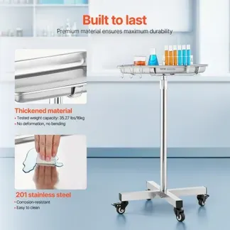 VEVOR Laborwagen Servierwagen Edelstahl mit abnehmbaren Tabletts aus Edelstahl Tragkraft bis 16 kg, einstellbare Höhe 64-101cm, medizinisches Tablett für Spa Salon Klinik Körperpflege Silber VEVOR Laborwagen Servierwagen Edelstahl mit abnehmbaren Tabletts aus Edelstahl Tragkraft bis 16 kg, einstellbare Höhe 64-101cm, medizinisches Tablett für Spa Salon Klinik Körperpflege Silber
