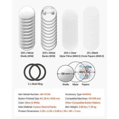 VEVOR Buttonrohlinge 200-tlg. 58mm für Buttonmaschine mit Sicherheitsnadel, Transparente Mylar-Folie & Runde Blanko-Papiere für DIY-Projekte zu Hause Schulveranstaltungen & Individuelle Studios – Bild 6