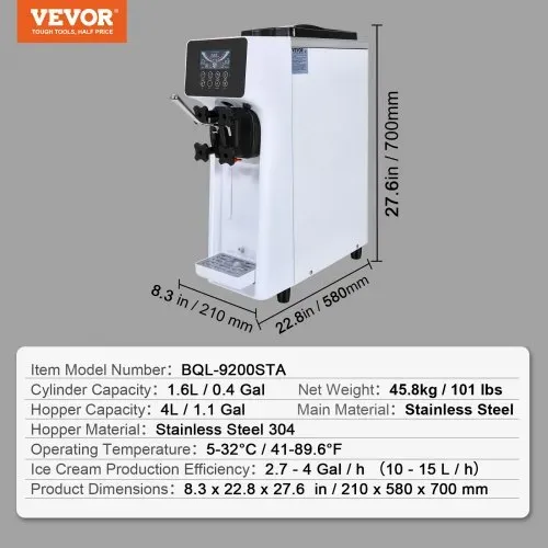 VEVOR Kommerzielle Eiscreme-Maschine, 10 L/h Leistung, 900 W, Softeismaschine für eine Geschmacksrichtung, auf der Arbeitsplatte, mit 4 L Trichter, 1,6 L Zylinder, LCD-Bildschirm, Vorkühlung – Bild 6