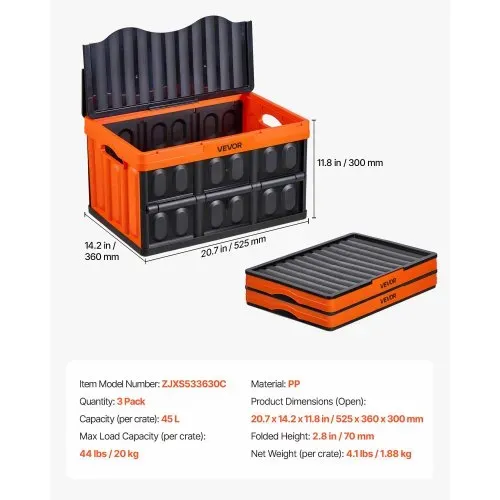 VEVOR Klappbox 45 L 3er-Pack, Faltbare Aufbewahrungsboxen aus Kunststoff, Stapelbare Klappkörbe mit Deckel, Tragkraft 20 kg pro Box, Klappkiste, Ideal für Haushaltsorganisation, Orange & Schwarz – Bild 6