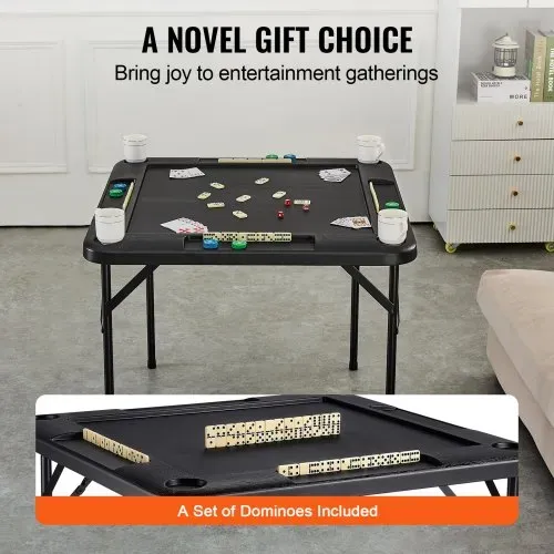 VEVOR Mahjong-Tisch, Zusammenklappbarer Kartentisch für 4 Spieler mit 4 Getränkehaltern & 4 Chip-Fächern, Tragbarer Domino-Spieltisch mit 1 Satz Dominosteine für Mahjong Poke Puzzles – Bild 5