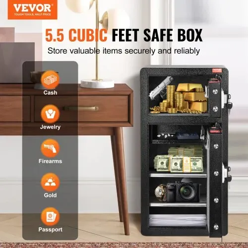 VEVOR Safe Tresor mit feuerfester Geldtasche, Doppeltüren-Safe 5,5 Kubikfuß, 2 höhenverstellbare Trennwände, digitaler Möbeltresor mit Schlüssel, Code, Safe für Geld Schmuck Wertsachen, Schwarz VEVOR Safe Tresor mit feuerfester Geldtasche, Doppeltüren-Safe 5,5 Kubikfuß, 2 höhenverstellbare Trennwände, digitaler Möbeltresor mit Schlüssel, Code, Safe für Geld Schmuck Wertsachen, Schwarz