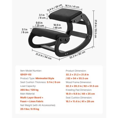 VEVOR Ergonomischer Hocker mit Dicken, Integrierten Schaumstoffpolstern & Massivholzrahmen, Höhenverstellbarer Kniestuhl zur Entlastung von Nacken und Rücken, Ideal für Zuhause, Büro, Schwarz – Bild 6
