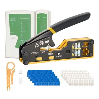 VEVOR Netzwerk Werkzeug Set, RJ45/RJ11/RJ12 Ethernet-Crimpzange-Set für 4/6/8-Polige Modularstecker, mit Mini-Abisolierzange, 50 Steckern & 50 Tüllen, Ersatzklingen & Netzwerkkabeltester VEVOR Netzwerk Werkzeug Set, RJ45/RJ11/RJ12 Ethernet-Crimpzange-Set für 4/6/8-Polige Modularstecker, mit Mini-Abisolierzange, 50 Steckern & 50 Tüllen, Ersatzklingen & Netzwerkkabeltester